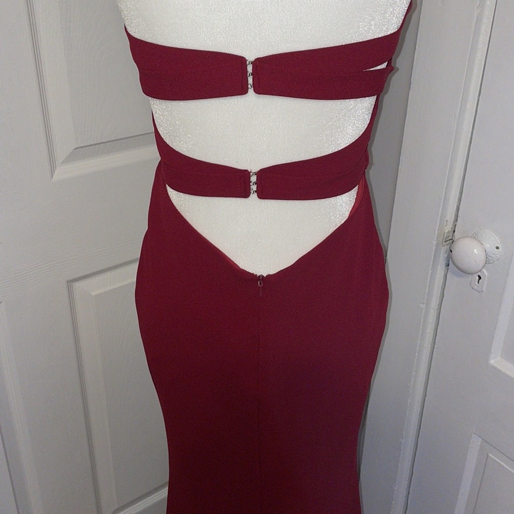 BURGUNDY strapless La Femme Evening gown - Picture 7 of 8